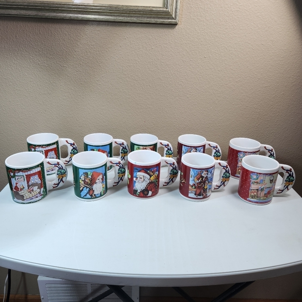 Vintage Ceramic Big Flat Handled Christmas Santa Claus Coffee Mugs (Set Of 10)